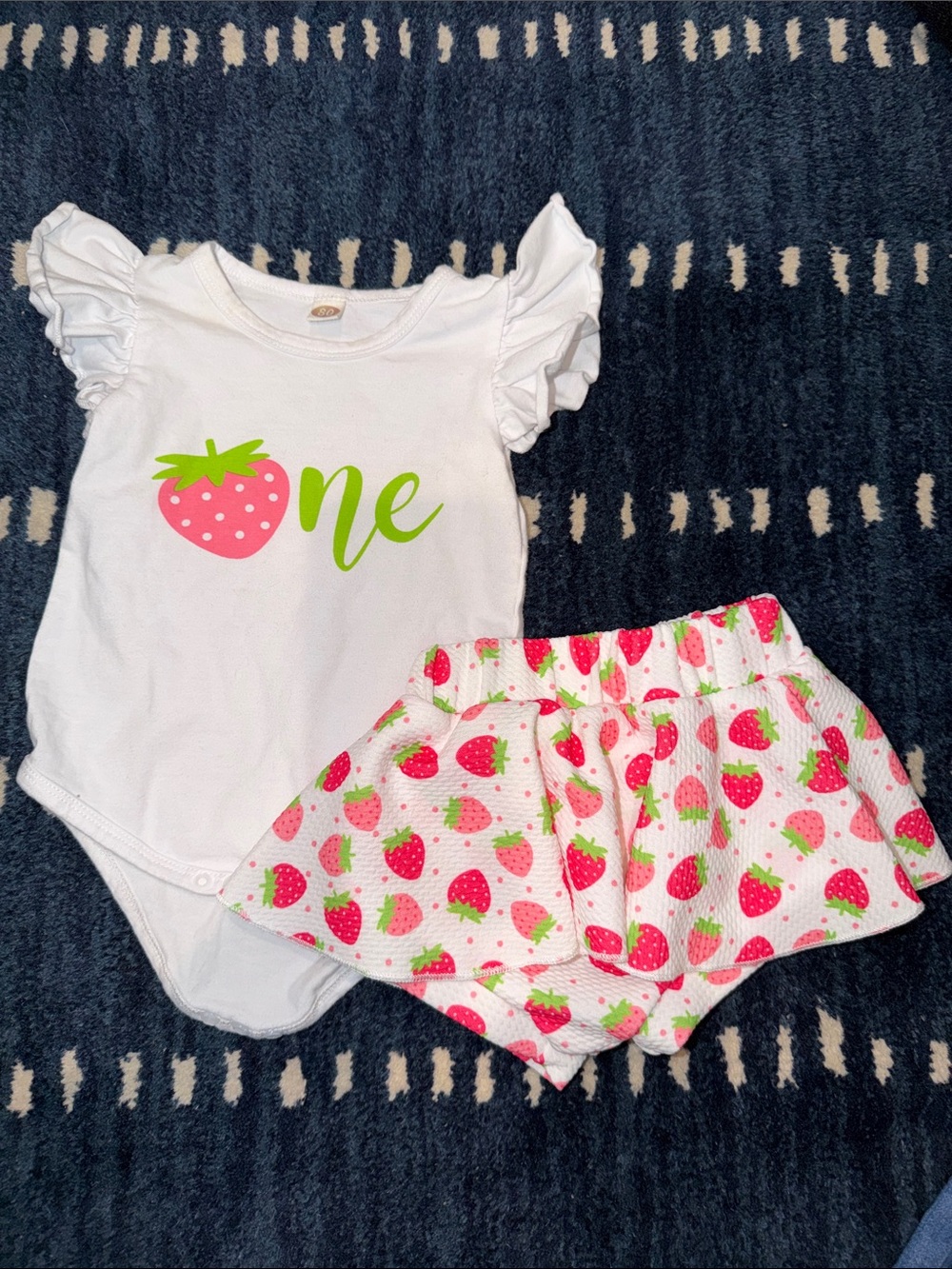 White Strawberry 'One' Bodysuit and Pink Strawberry Skort Set